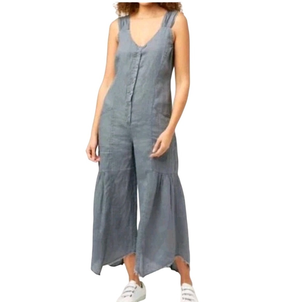 XCVI Womens Linen Wide Leg Jumpsuit Relaxed Fit Boho Style Gray Size XS‎